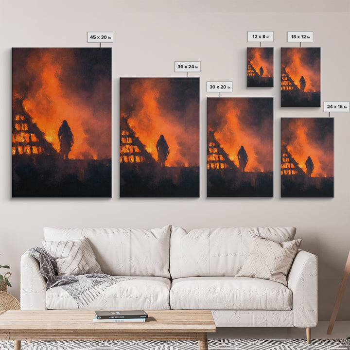 Viking Warrior In Blazing Fire Wall Art, Dark Fantasy Canvas Print, Medieval Battle Decor, Norse Saga Gift For Him, Gothic Decor