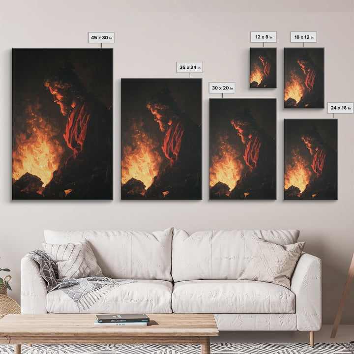 Moody Man Beside Fire Canvas Print, Dark Academia Wall Art, Baroque Inspired Portrait, Rustic Cabin Decor, Gift For Him Print