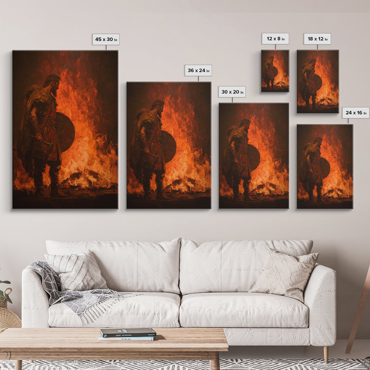 Viking Warrior Beside Blazing Fire Framed Canvas Print, Dark Fantasy Wall Art, Norse Masculine Home Decor, Gift For Him, Office Decor