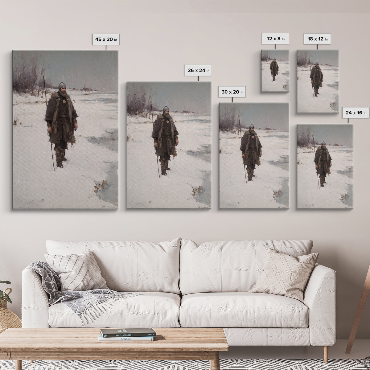 Viking Warrior In Snow Canvas Print, Medieval Winter Landscape Painting, Nordic Wall Art For Rustic Cabin Home Decor Gift