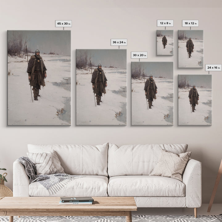 Viking Warrior In Snow Canvas Print, Medieval Winter Landscape Painting, Nordic Wall Art For Rustic Cabin Home Decor Gift