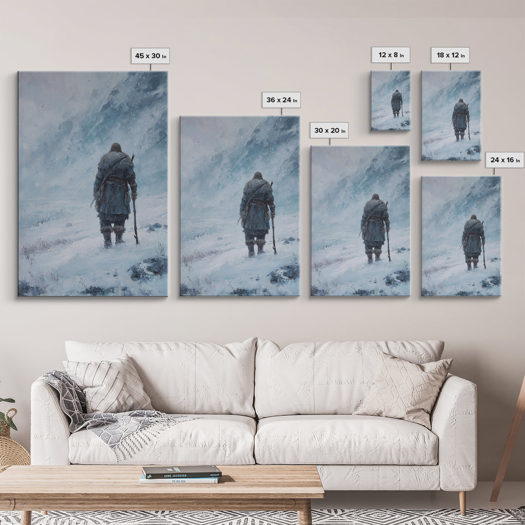 Lone Wanderer In Snowy Mountain Blizzard Wall Art, Viking Winter Landscape Canvas Print For Cabin Decor And Gift For Him