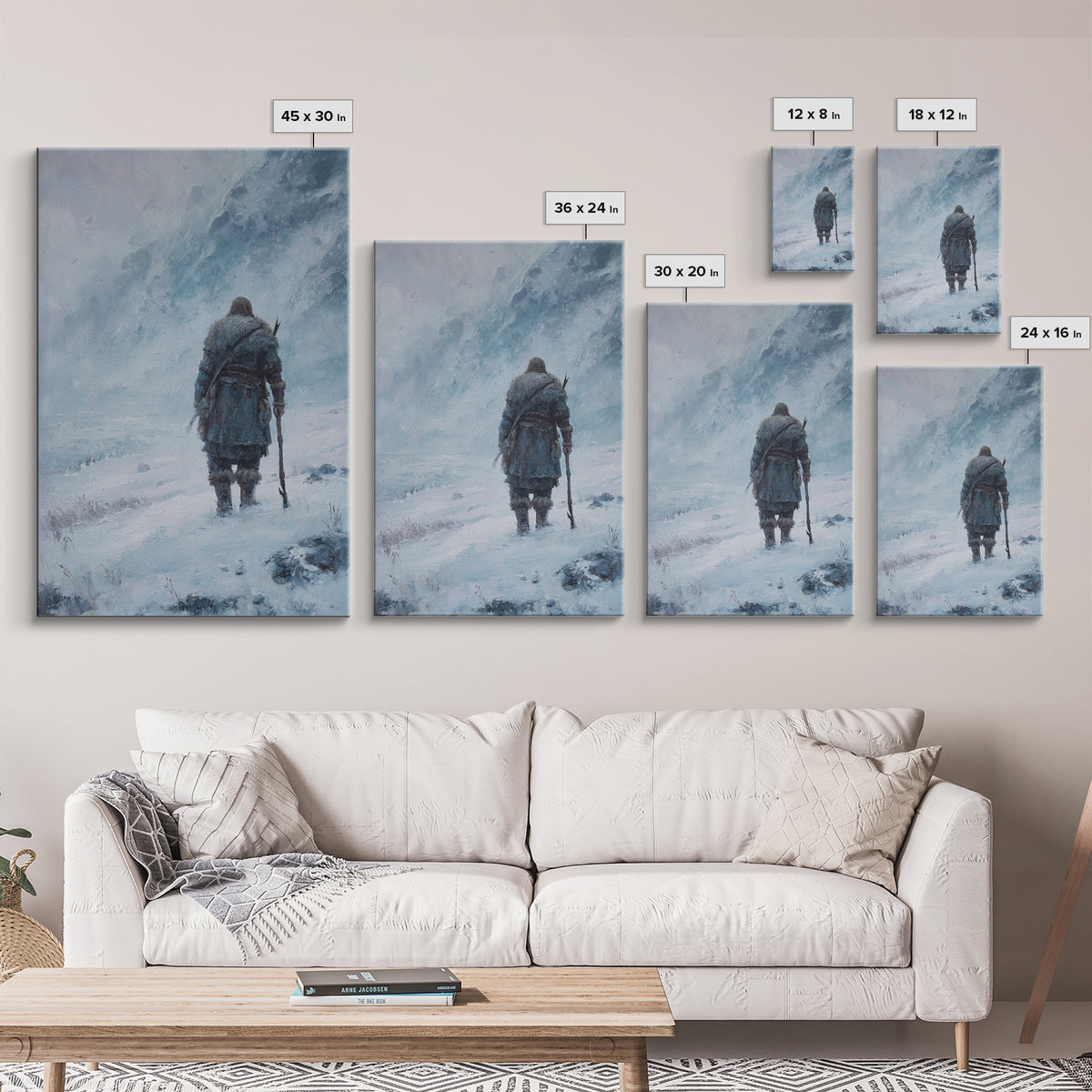 Lone Wanderer In Snowy Mountain Blizzard Wall Art, Viking Winter Landscape Canvas Print For Cabin Decor And Gift For Him