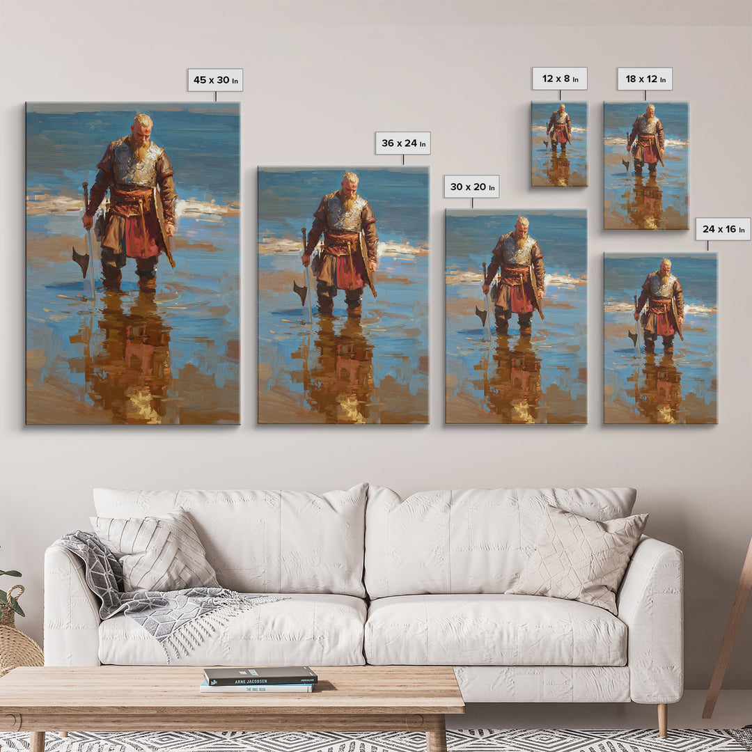 Blond Viking Warrior Standing In Reflective Shore Water Canvas Print, Coastal Fantasy Art, Masculine Wall Decor, Fine Art
