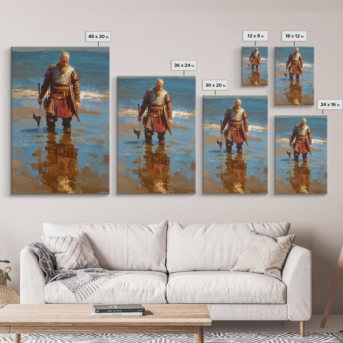 Blond Viking Warrior Standing In Reflective Shore Water Canvas Print, Coastal Fantasy Art, Masculine Wall Decor, Fine Art