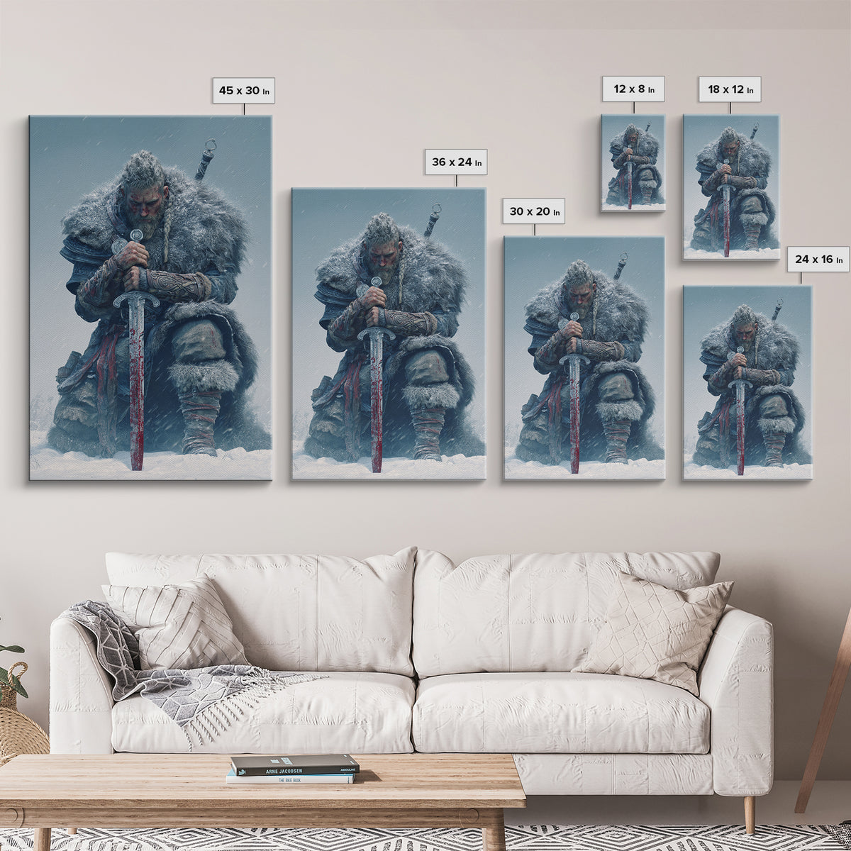 Snowbound Viking Warrior With Bloodied Sword Framed Canvas Print, Norse Wall Art, Masculine Dark Fantasy Decor, Gift For Him
