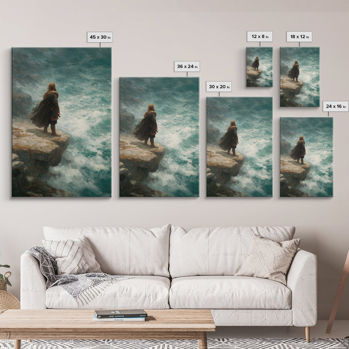 Viking Warrior At Turquoise Sea Wall Art, Coastal Fantasy Canvas Print, Ocean Seascape Painting, Norse Decor Gift For Him