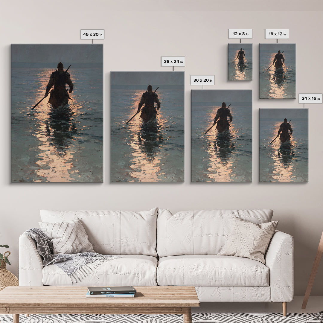 Lone Warrior Wading Through Sunset Sea Wall Art, Moody Seascape Canvas Print, Coastal Fantasy Large Living Room And Office Decor