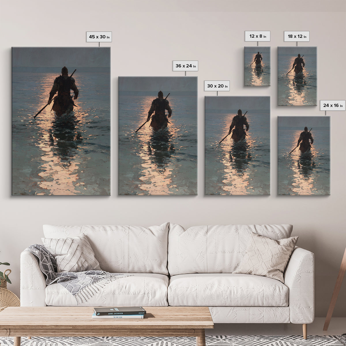 Lone Warrior Wading Through Sunset Sea Wall Art, Moody Seascape Canvas Print, Coastal Fantasy Large Living Room And Office Decor