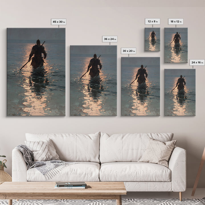 Lone Warrior Wading Through Sunset Sea Wall Art, Moody Seascape Canvas Print, Coastal Fantasy Large Living Room And Office Decor