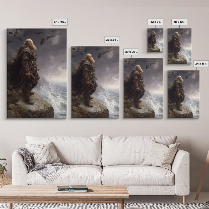 Bearded Viking On Stormy Sea Cliff Wall Art, Norse Raven Seascape Canvas Print, Dark Academia Masculine Decor, Gift For Him