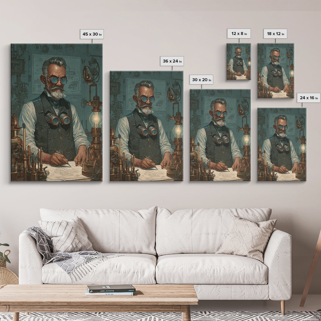 Steampunk Inventor Portrait With Goggles Wall Art, Industrial Office Decor, Science Art Print, Unique Gift For Him, Home Decor