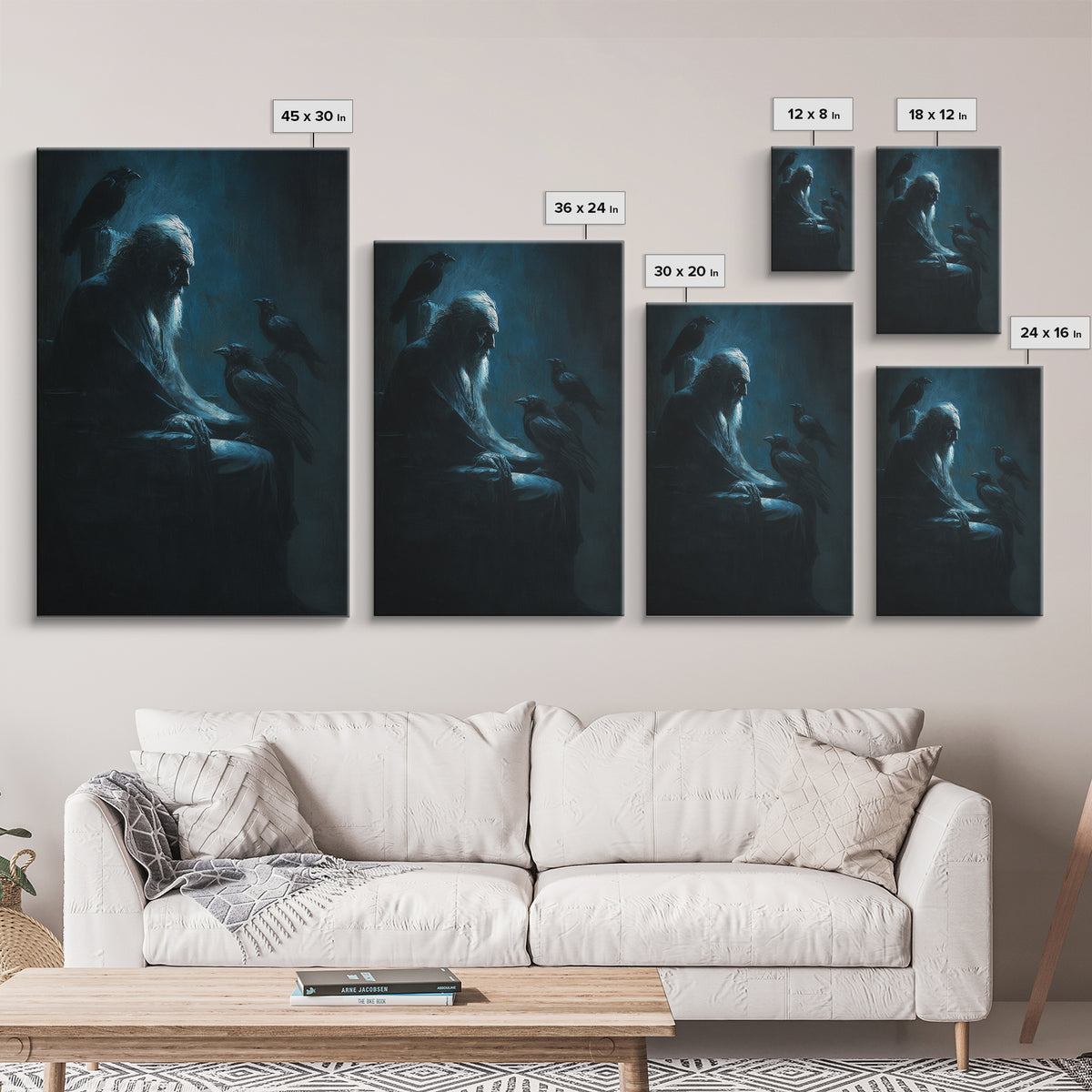 Elder With Ravens In Moody Blue Shadows Wall Art, Gothic Dark Academia Canvas Print For Living Room Decor And Unique Gift