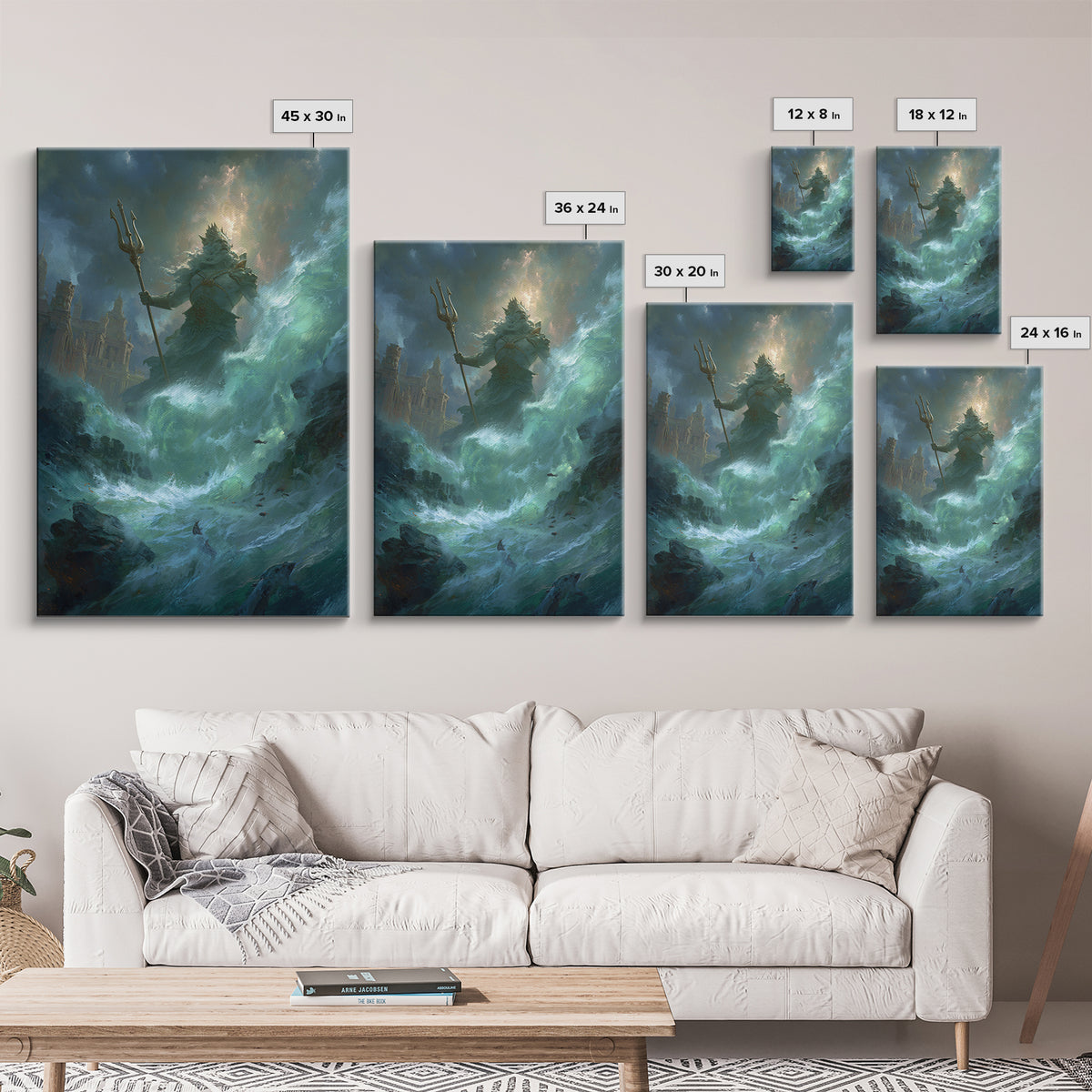 Colossal Sea God With Trident Canvas Print, Mythological Ocean Wall Art, Fantasy Seascape Decor, Dramatic Coastal Gift For Him