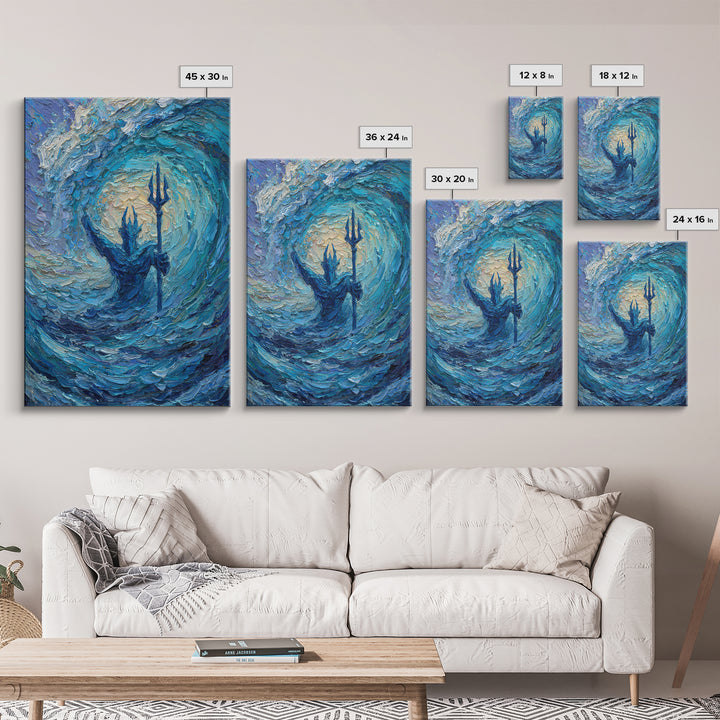 Sea God With Trident In Turquoise Wave Canvas Print, Poseidon Ocean Wall Art For Coastal Living Room Decor And Mythology Art Gift