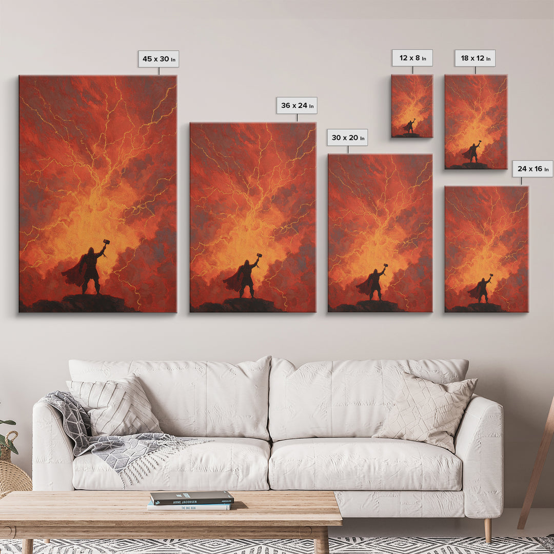 Thor Hammer Lightning Wall Art, Norse Mythology Storm Painting, Dramatic Red Sky Canvas Decor For Fantasy Home Office Gift