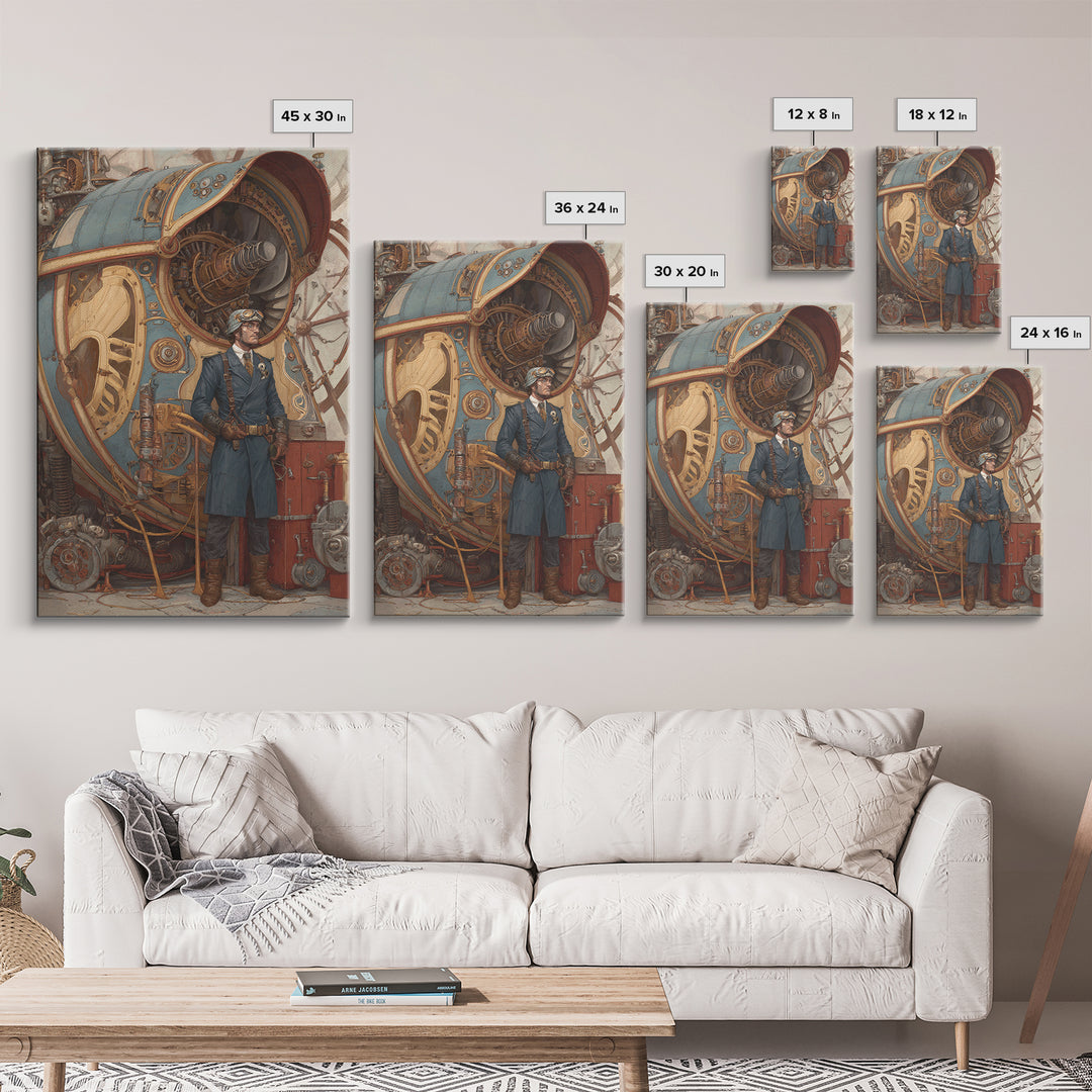 Steampunk Aviator Beside Airship Engine Framed Canvas Print, Industrial Wall Decor, Fantasy Art, Office Decor, Gift For Him