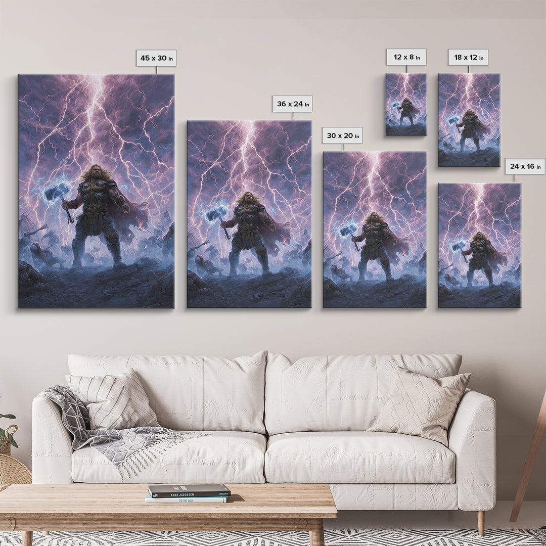 Thunder Warrior With Hammer In Lightning Storm Wall Art, Norse Mythology Canvas Print, Viking Decor, Epic Fantasy Gift For Him