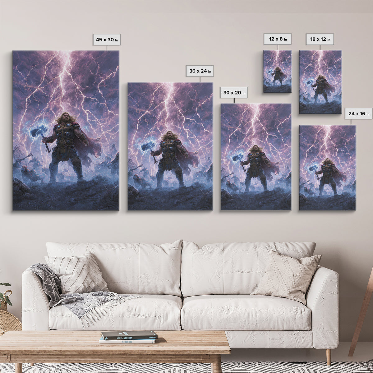 Thunder Warrior With Hammer In Lightning Storm Wall Art, Norse Mythology Canvas Print, Viking Decor, Epic Fantasy Gift For Him