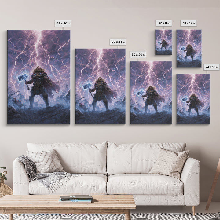 Thunder Warrior With Hammer In Lightning Storm Wall Art, Norse Mythology Canvas Print, Viking Decor, Epic Fantasy Gift For Him