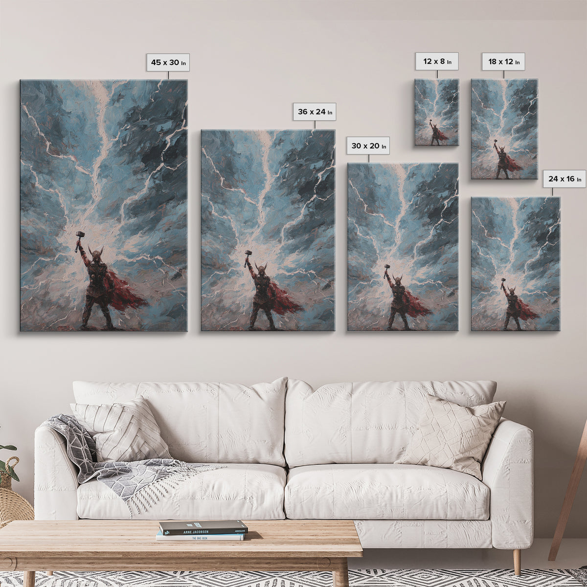 Norse Thunder Warrior Raising Hammer Wall Art, Lightning Storm Canvas Print For Fantasy Decor And Mythology Gift For Him