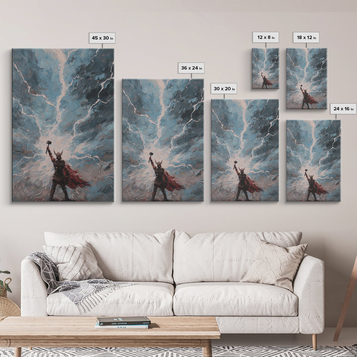 Norse Thunder Warrior Raising Hammer Wall Art, Lightning Storm Canvas Print For Fantasy Decor And Mythology Gift For Him