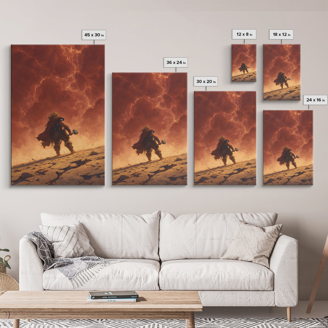 Epic Norse Thunder Warrior Under Fiery Sky Wall Art, Mythic Hammer Canvas Print, Dramatic Viking Fantasy Decor, Gift For Him
