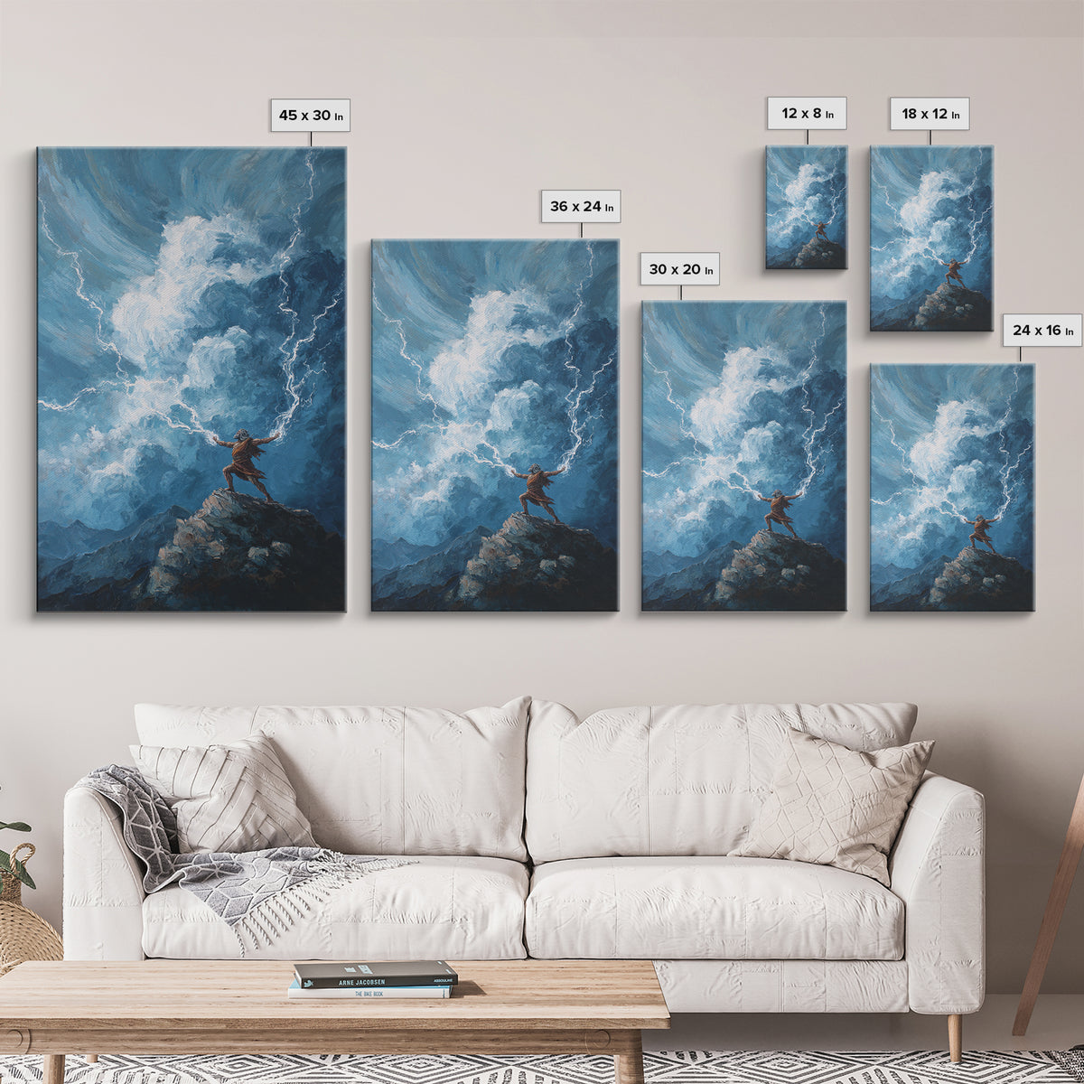 Tiny Warrior On Mountain Summoning Lightning Wall Art, Epic Storm Canvas Print For Fantasy Landscape Decor And Gift For Him