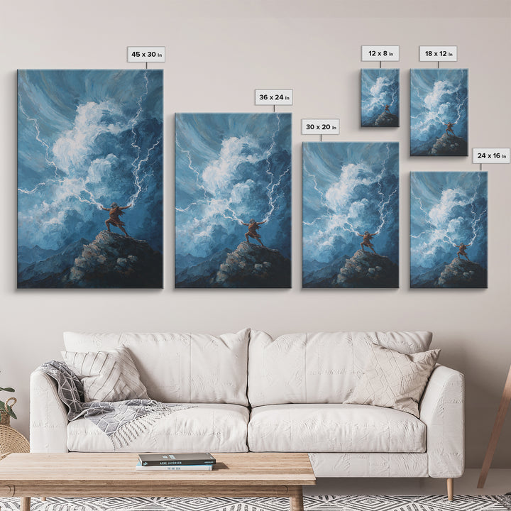 Tiny Warrior On Mountain Summoning Lightning Wall Art, Epic Storm Canvas Print For Fantasy Landscape Decor And Gift For Him
