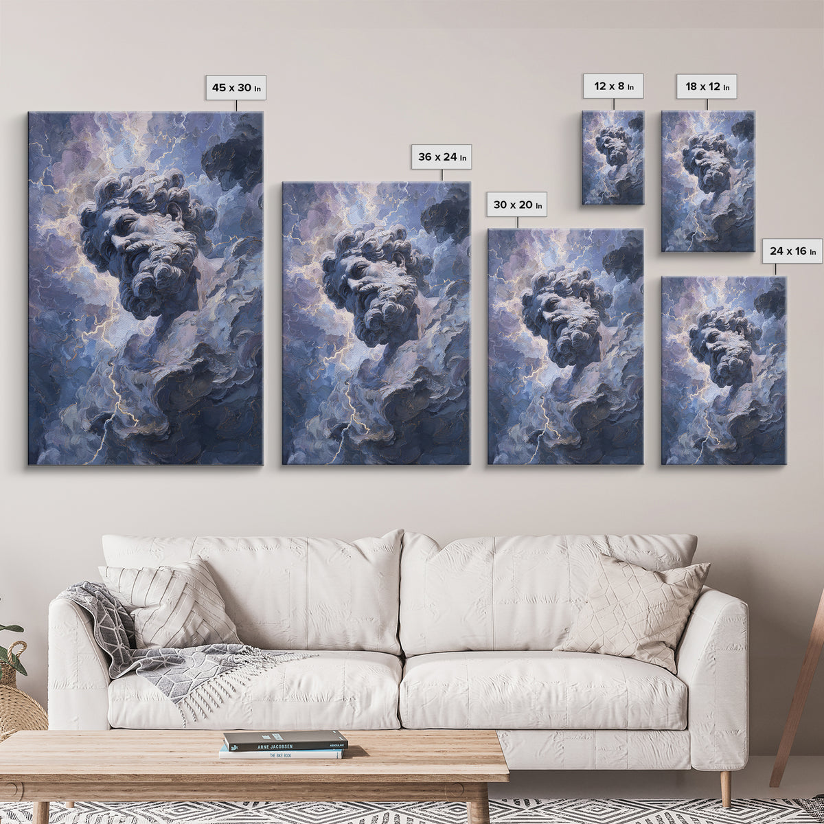 Classical Marble God In Thunder Clouds Framed Canvas Print, Mythology Wall Art, Dramatic Storm Decor, Dark Academia Gift