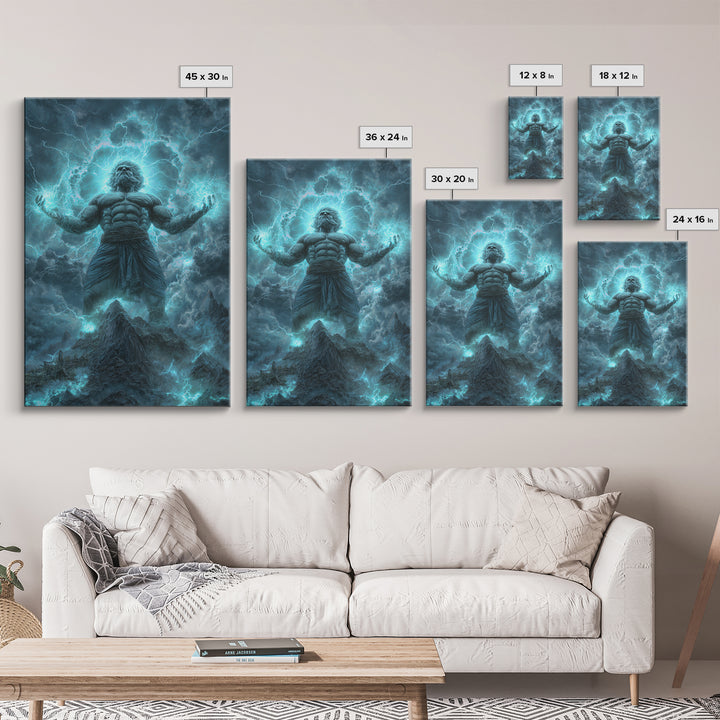Titan Storm God Above Mountains Wall Art, Mythological Lightning Canvas Print, Fantasy Landscape Decor, Powerful Gift For Him