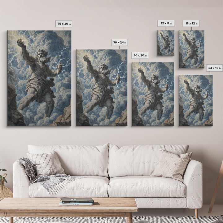 Zeus Lightning God Wall Art, Greek Mythology Statue Painting, Dramatic Storm Clouds Canvas Decor For Classical Home Gift