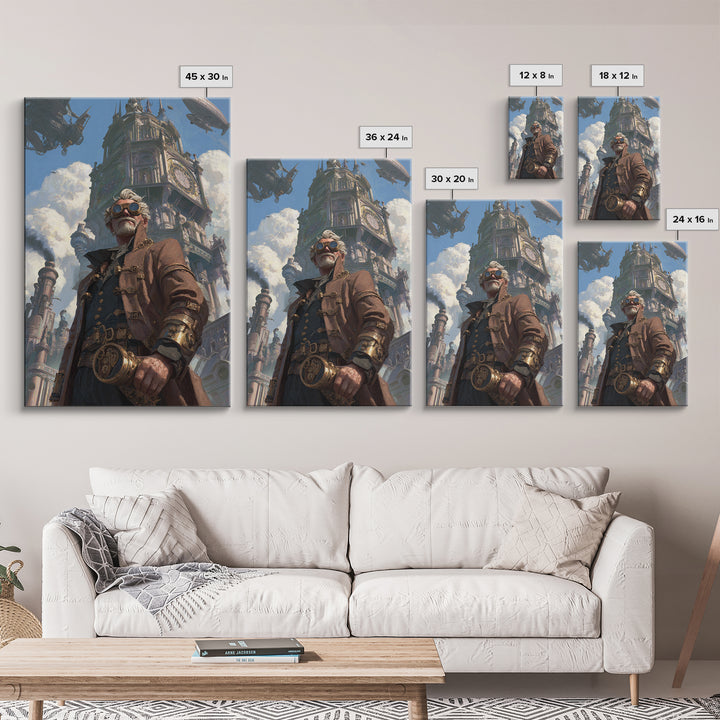 Steampunk Explorer In Futuristic City Wall Art, Airship Fantasy Art Print, Industrial Decor, Statement Office Art, Living Room Decor
