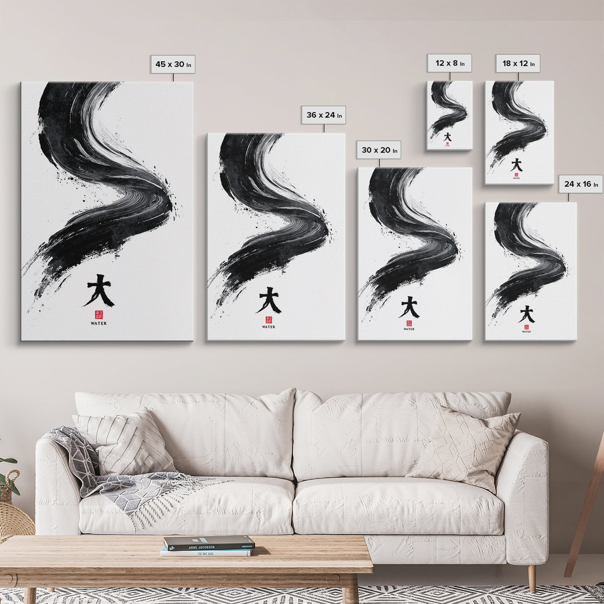 Sleek Abstract Black Brushstroke Ink Art With Water Symbol Wall Art Canvas Print Minimalist Wall Decor For Modern Home