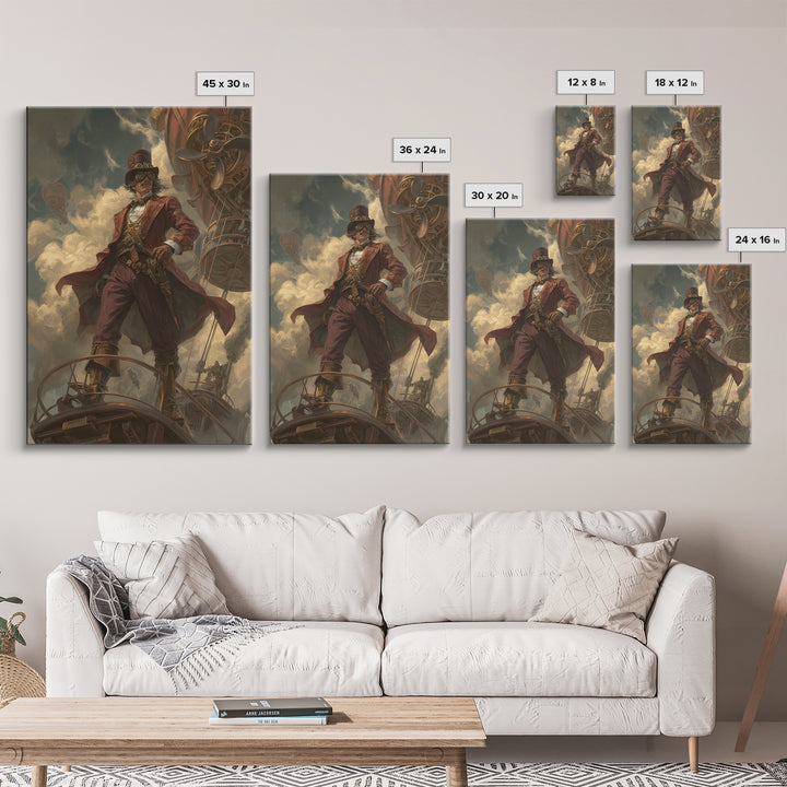 Airship Captain In Storm Clouds Canvas Print, Steampunk Fantasy Art, Industrial Wall Decor, Masculine Office Decor, Gift For Him
