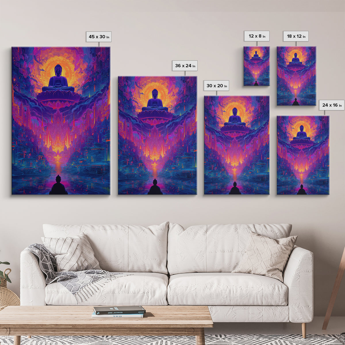 Vibrant Spiritual Buddha Cityscape With Radiant Glow Wall Art Modern Home Decor