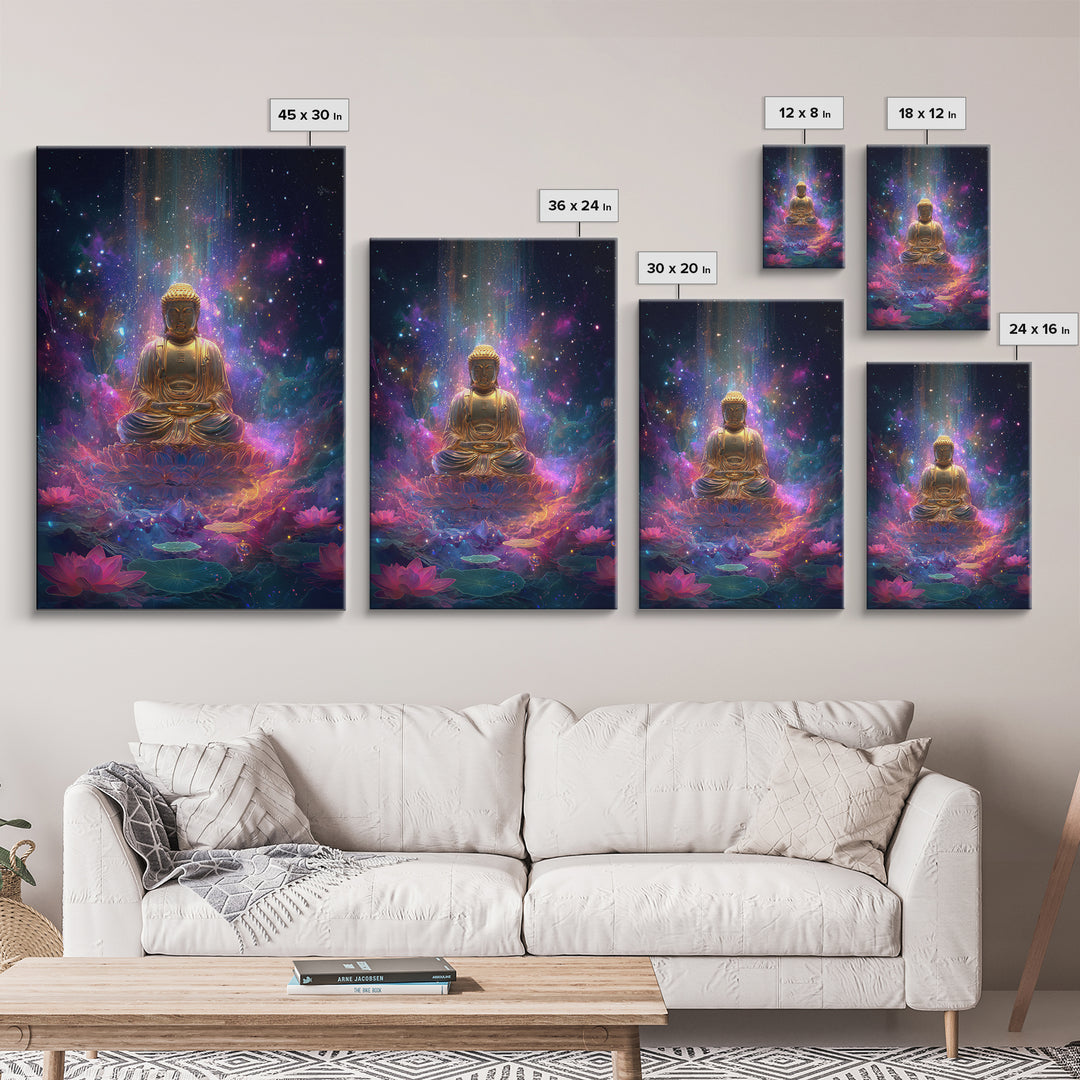 Colorful Glowing Golden Buddha In Cosmic Space Spiritual Wall Art Framed Canvas Print For Home