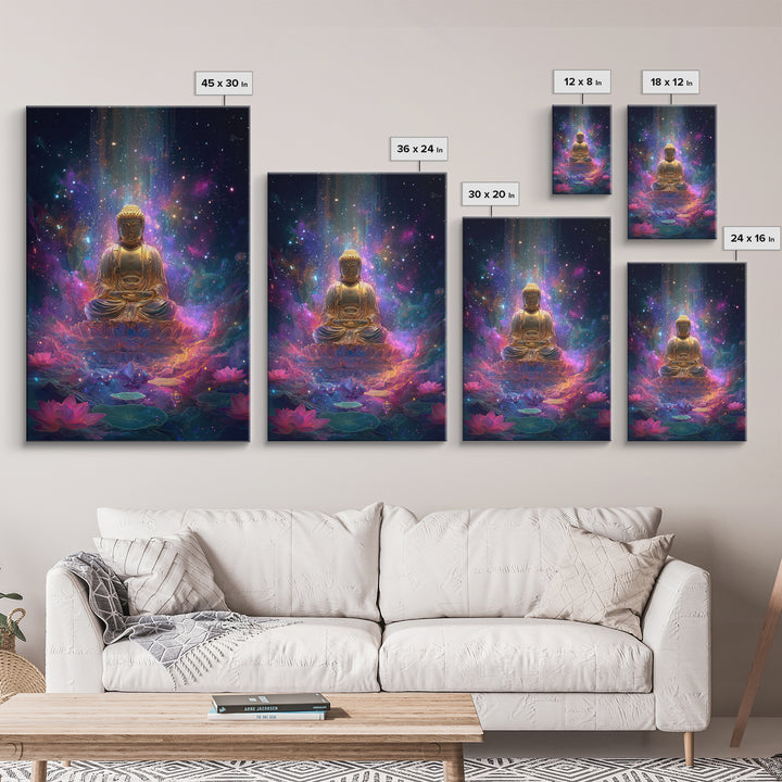 Colorful Glowing Golden Buddha In Cosmic Space Spiritual Wall Art Framed Canvas Print For Home