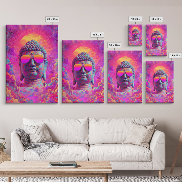Vibrant Psychedelic Buddha With Colorful Sunglasses Spiritual Wall Art Framed Canvas Print