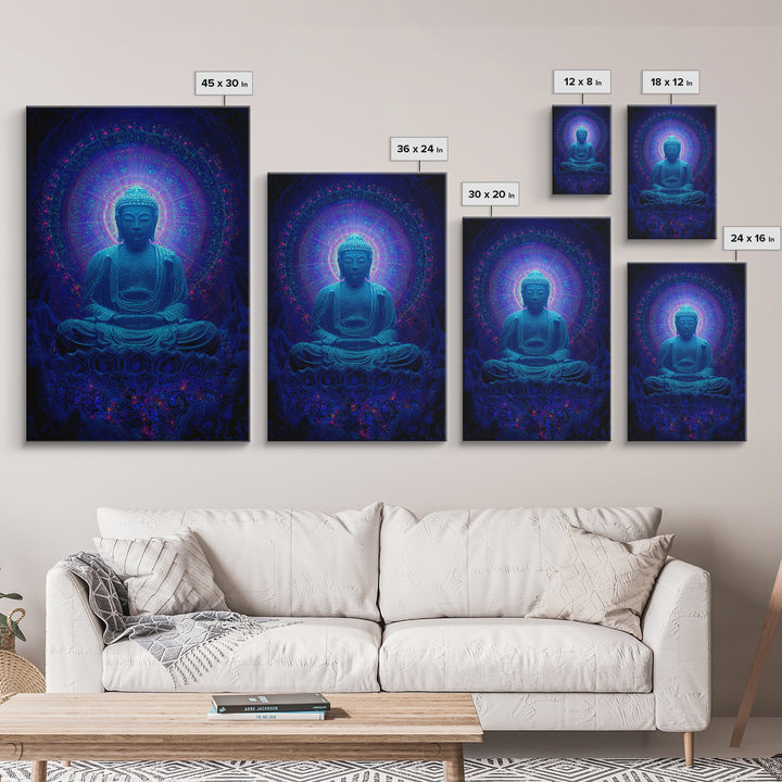 Mystical Blue Buddha Statue With Radiant Halo Spiritual Wall Art Framed Canvas Print For Meditation Room Decor