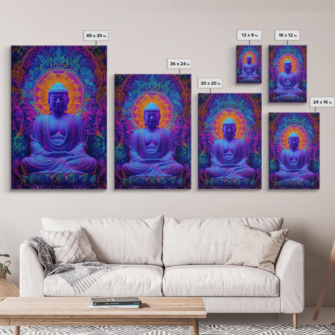 Vibrant Psychedelic Buddha Meditation Digital Painting Modern Wall Art Framed Canvas Print Spiritual Decor