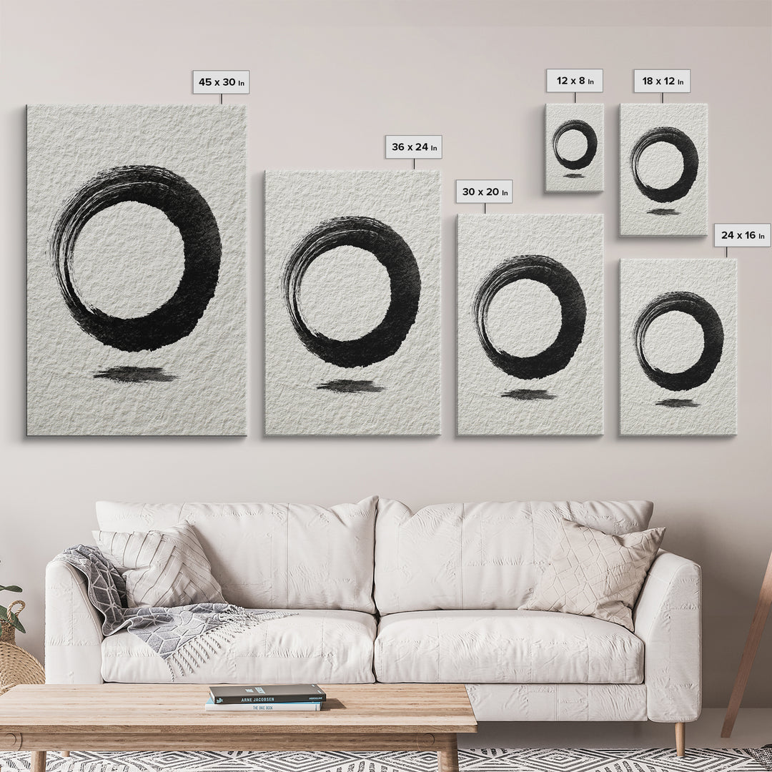 Minimalist Black Ink Circle Zen Enso Brushstroke Wall Art On Textured Paper Abstract Art Framed Canvas Print For Home Office Decor