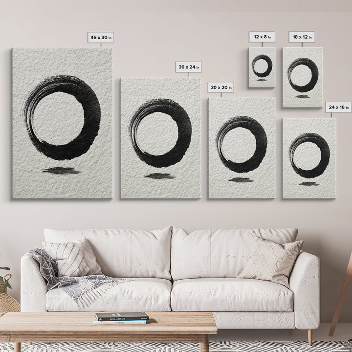 Minimalist Black Ink Circle Zen Enso Brushstroke Wall Art On Textured Paper Abstract Art Framed Canvas Print For Home Office Decor