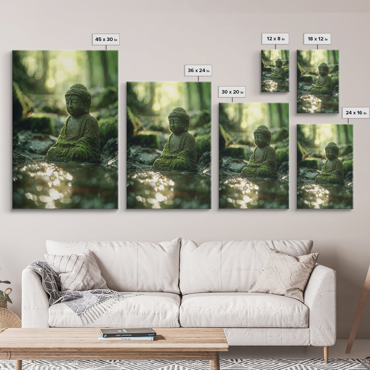 Serene Moss covered Buddha Statue Meditation Forest Wall Art Framed Canvas Print For Zen Home Decor