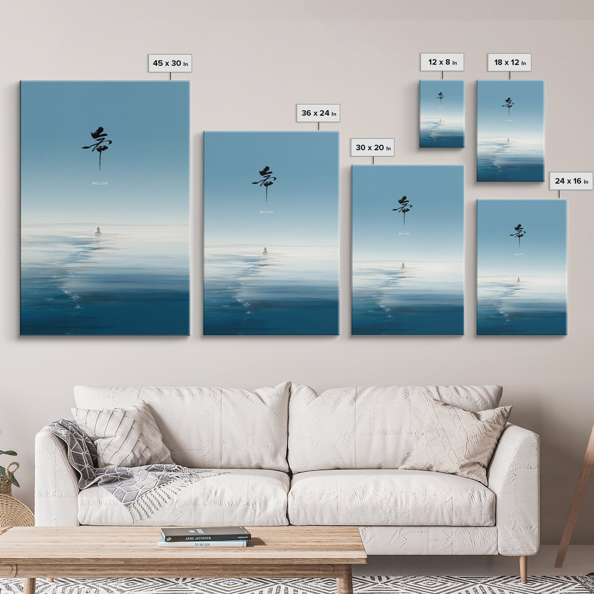 Calming Ocean Minimalist Digital Painting With Japanese Calligraphy Wall Art Modern Canvas Print For Bedroom Decor