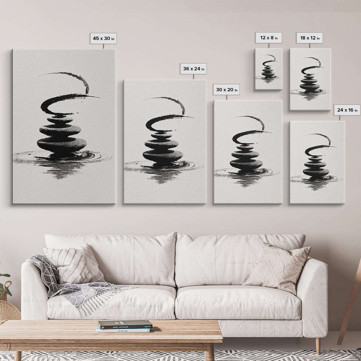 Zen Black And White Inkwash Painting Of Stacked Stones With Circle And Ripples Minimalist Wall Art For Office Decor Canvas Print