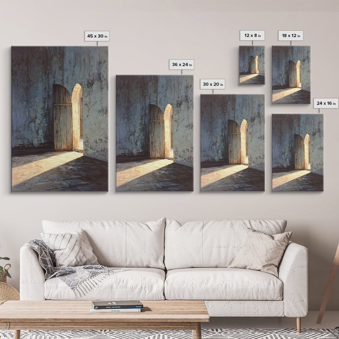 Sunlit Rustic Wooden Doorway In Textured Blue Wall Original Oil Painting Wall Art Framed Canvas Print Historic Architectural Art Print