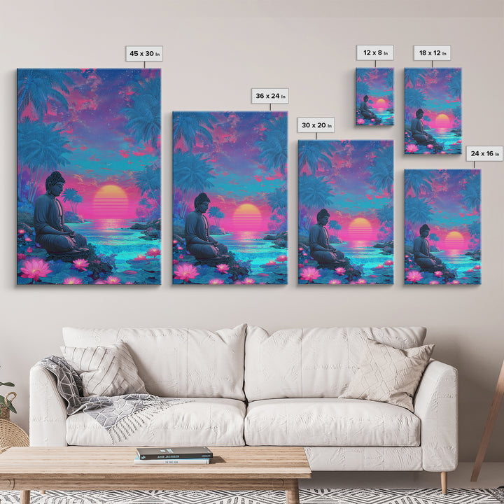 Vibrant Sunlit Buddha Amid Tropical Plants Calm Spiritual Wall Art Canvas Print For Meditation Room or Bedroom Decor