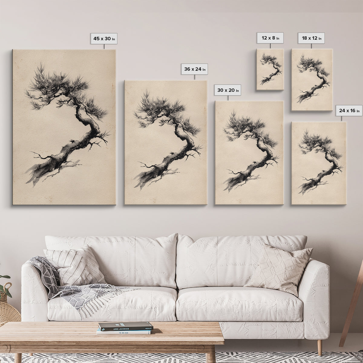 Elegant Black Ink Brush Style Bonsai Tree On Textured Natural Paper Minimalist Botanical Wall Art Print