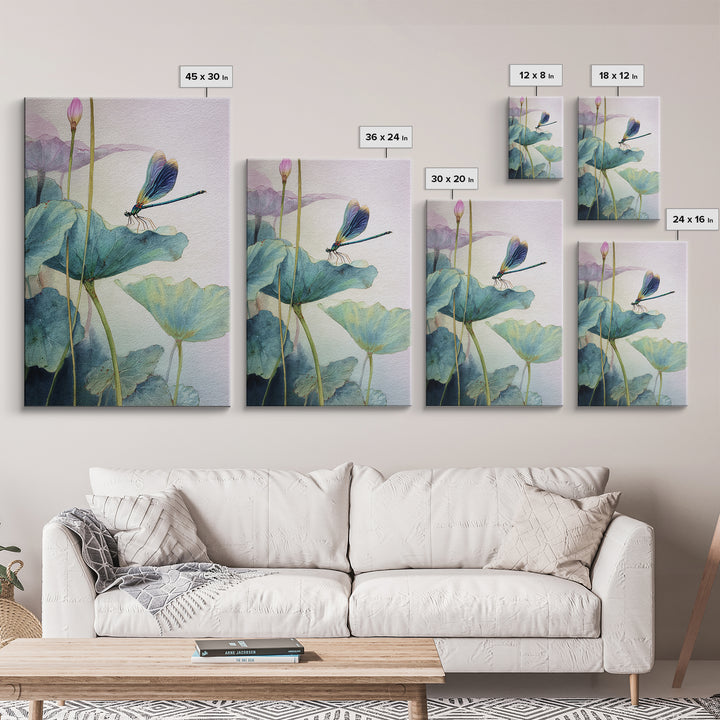 Elegant Watercolor Painting Of Dragonfly On Lotus Leaves With Soft Pastel Background Abstract Art Print Wall Art